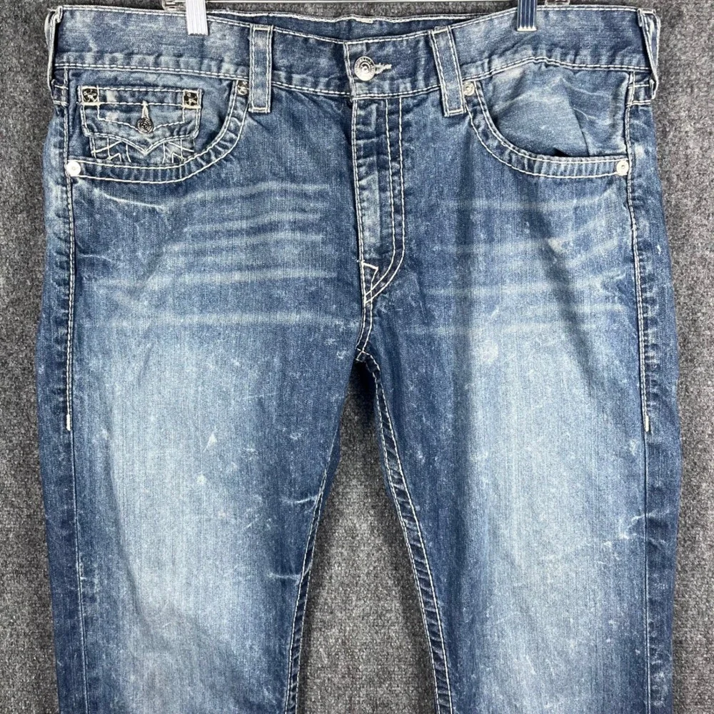 True Religion Straight Leg Jeans Mens 40 Blue Contrast Stitch‎ Medium Wash Denim